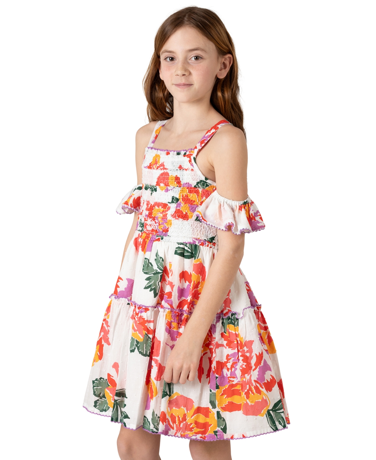 Shop Rare Editions Big Girls Cold-shoulder Floral-print Dress In Orange