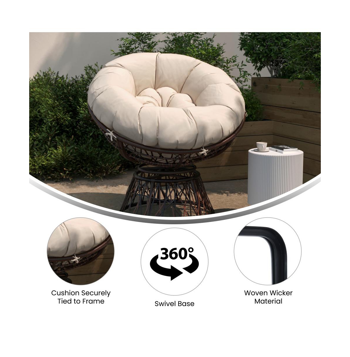Papasan Style Woven Wicker Swivel Patio Chair With Removable All-Weather Cushion -beige