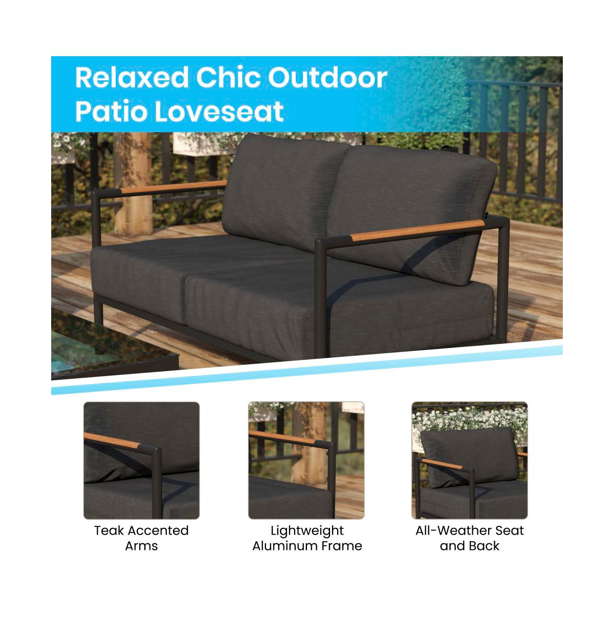 Eastport Outdoor Loveseat With Removable Plush Fabric Cushions And Teak Accented Aluminum Frame