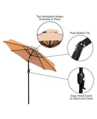 Outdoor Powder Coated Steel Dining Table With Faux Teak Poly Slat Top, 9' Patio Umbrella And Base
