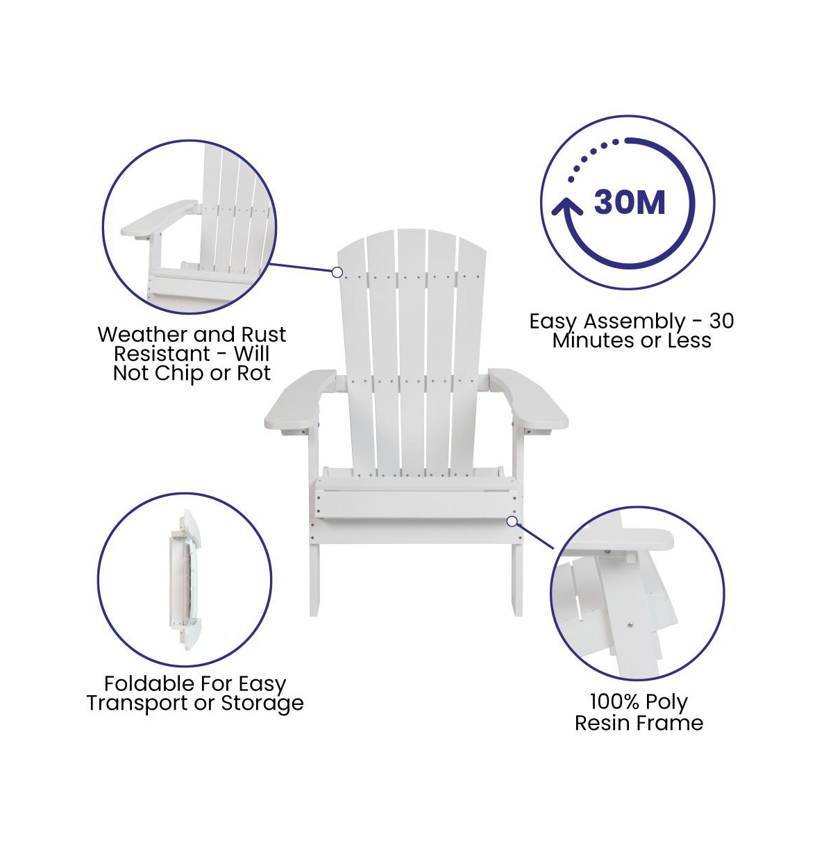 Set Of 4 Riviera Poly Resin Folding Adirondack Lounge Chair - All-Weather Indoor/Outdoor Patio Chair