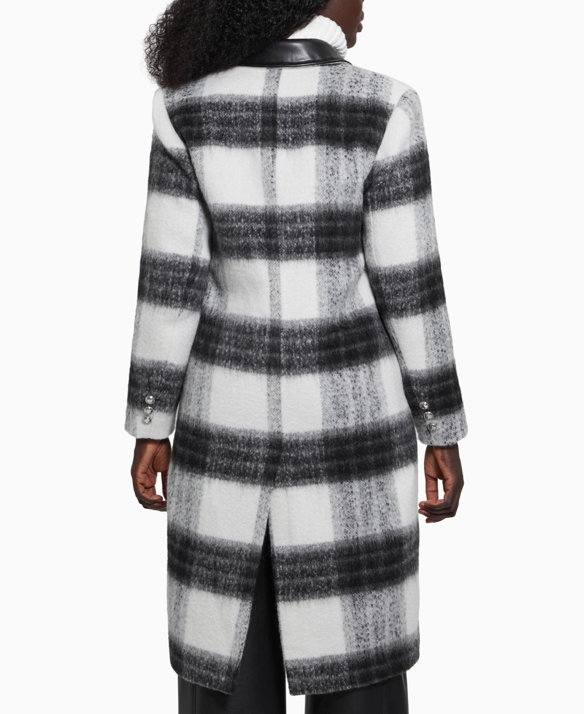 Guess Women s Double Breasted Mid Length Plaid Coat Black White Plaid Smart Closet