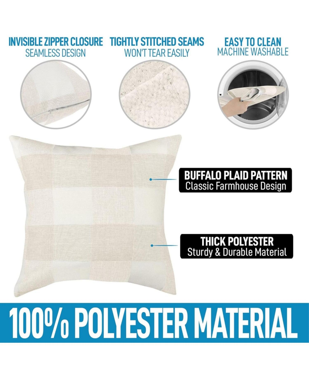 Zulay Kitchen 2 Pack Buffalo Plaid Throw Pillow Outdoor & Indoor Covers 16x16 - Cream and white