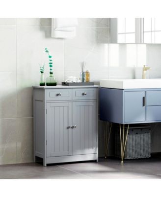 Wooden Bathroom Floor Cabinet with 2 Doors, 2 Drawers and Adjustable Shelf,