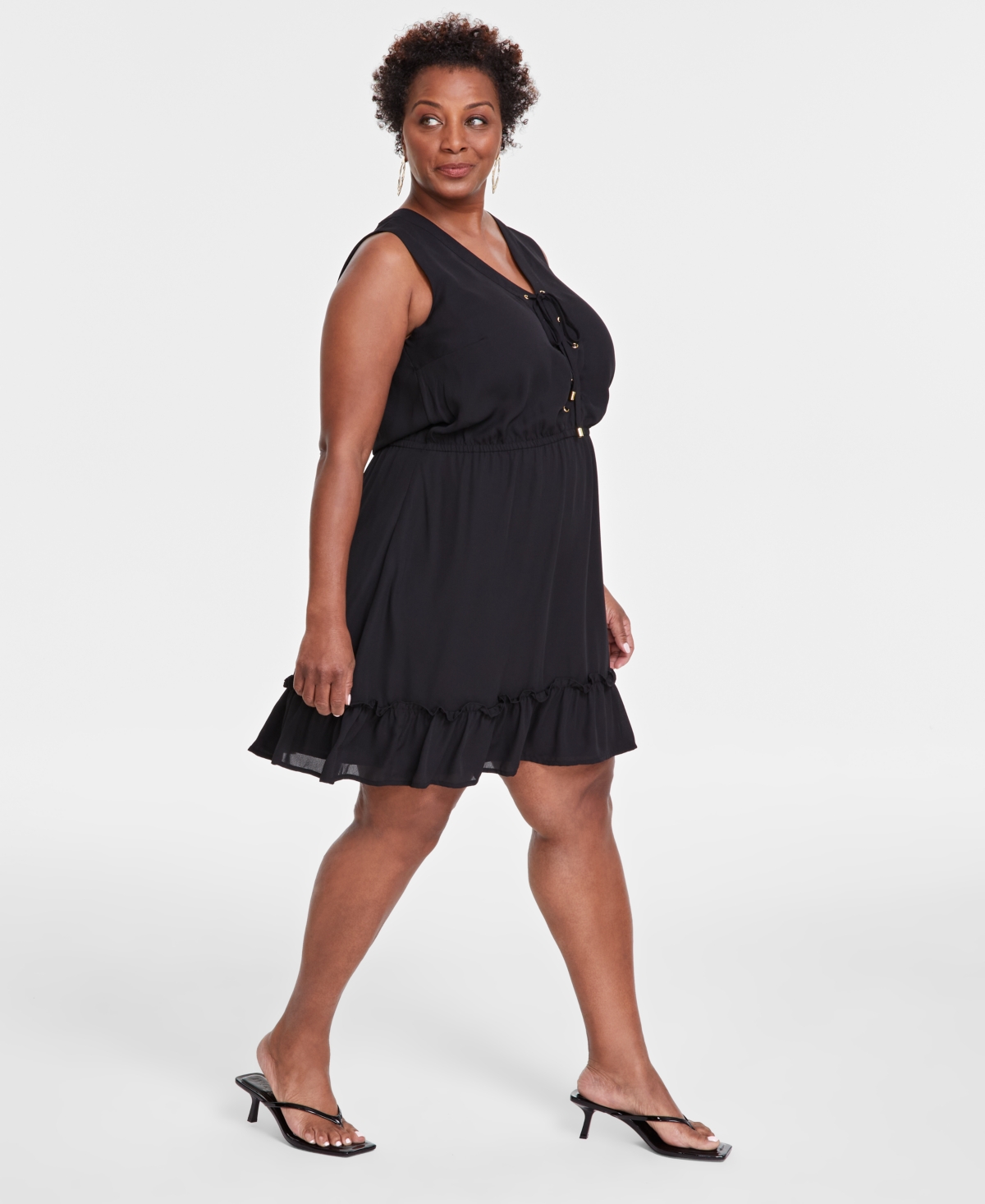 I.n.c. International Concepts Plus Size Solid Sleeveless Tie-Front Elastic-Waist Tiered Dress, Created for Macy's