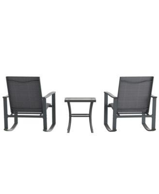 Brevyn 3 Piece Outdoor Bistro Set With Flex Comfort Rocking Chairs And Steel Framed Glass Top Table