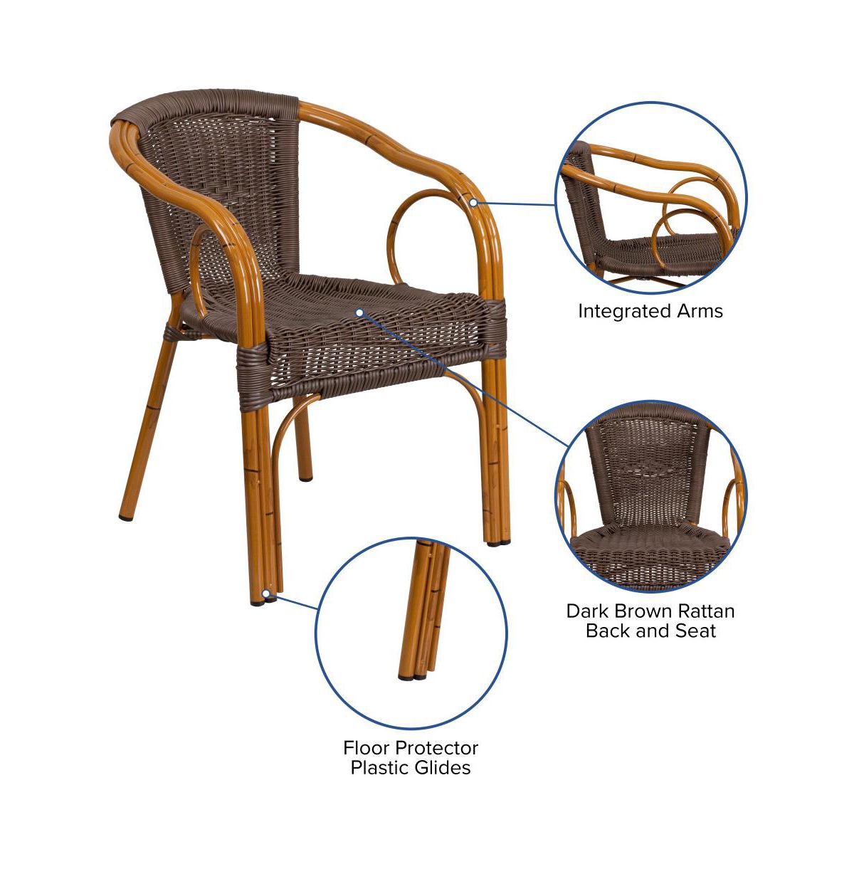 Esna Series Stacking Rattan Patio Chair With Bamboo Look Aluminum Frame And Integrated Arms