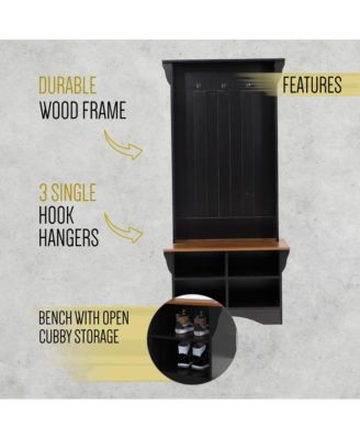 Hall Tree With Divided Storage Bench, 3 Hook Coat Rack, 4 Cubby Bench For Storage