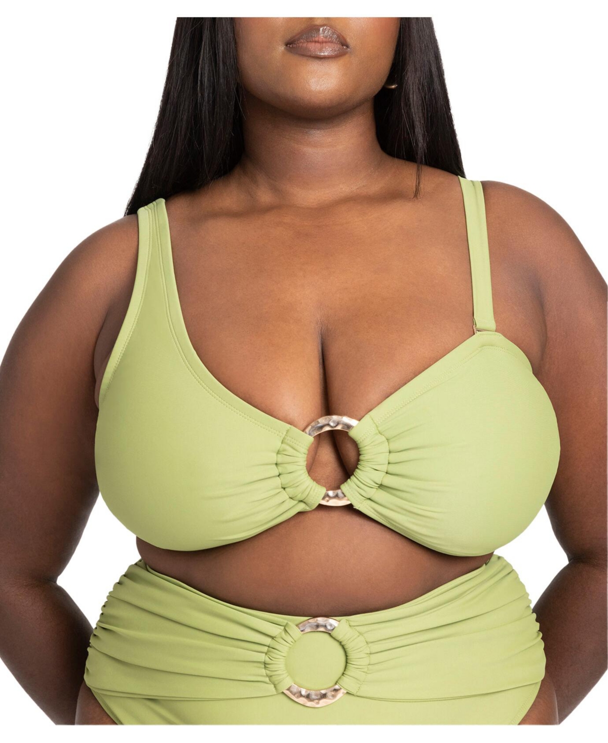 Plus Size One Shoulder Ring Hardware Bikini Top - Sage green