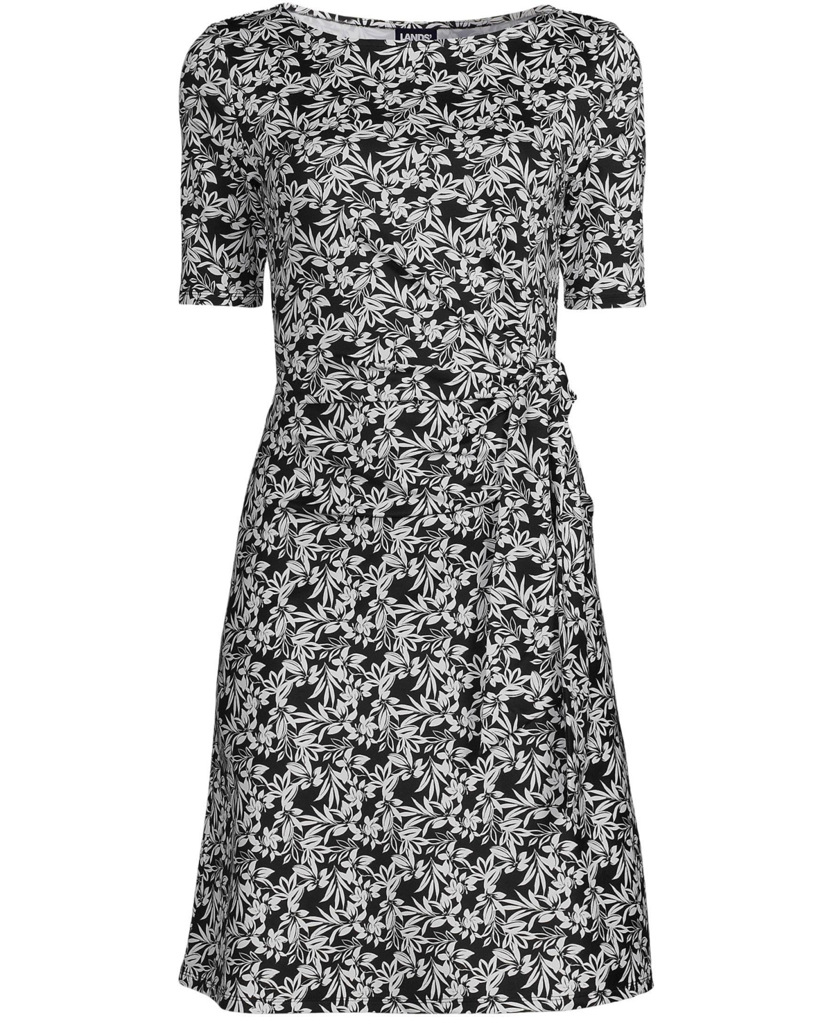 Lands' End Women's Elbow Sleeve Tie Waist Dress -white graphic floral