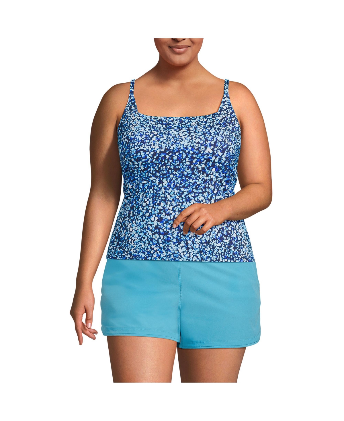 Plus Size Chlorine Resistant Square Neck Tankini Swimsuit Top - Turquoise water stripe