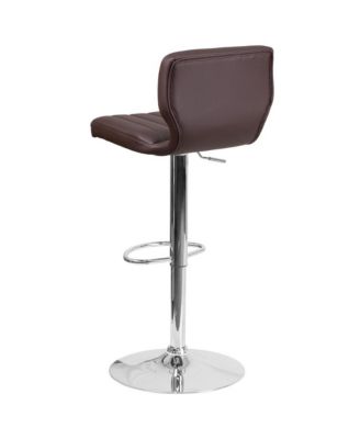 Set Of Two Swivel Bar Stools With Vertical Stitched Back And Adjustable Chrome Base With Footrest