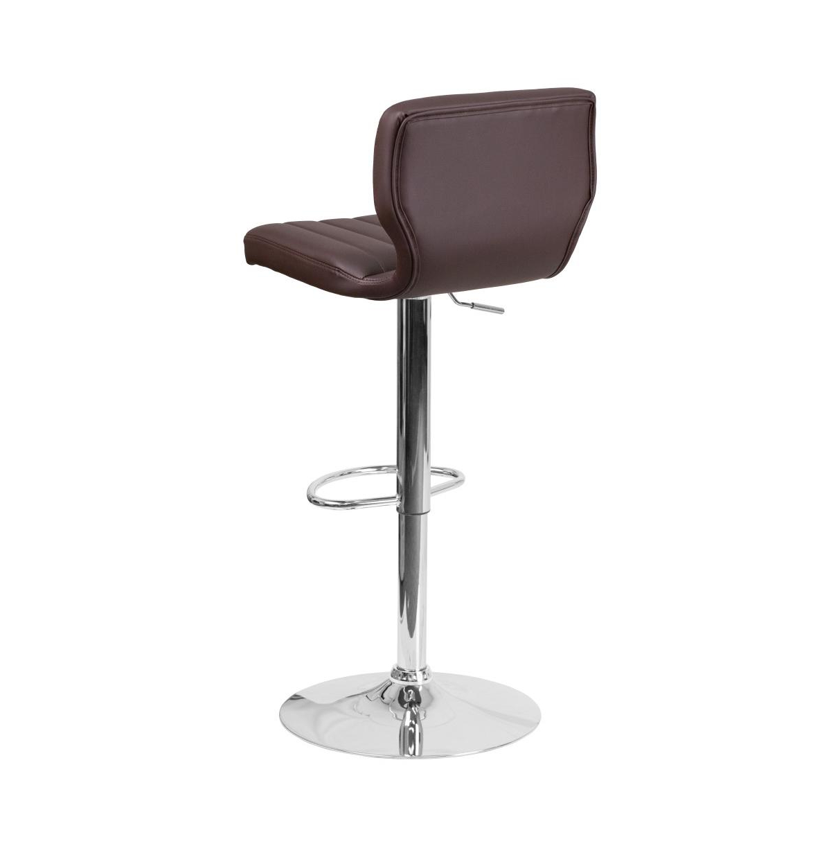 Set Of Two Swivel Bar Stools With Vertical Stitched Back And Adjustable Chrome Base With Footrest