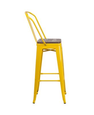 Dothan Metal Dining Stool With Curved Slatted Back And Textured Wood Seat