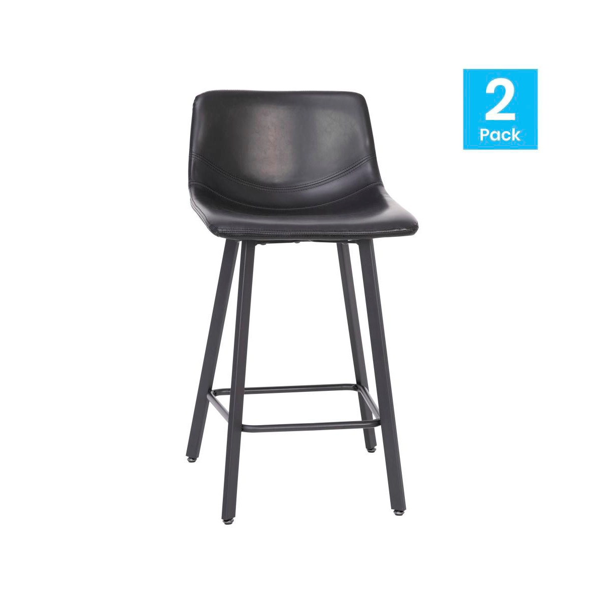 Oretha Set Of 2 Modern Upholstered Stools With Contoured, Low Back Bucket Seats And Iron Frames -black