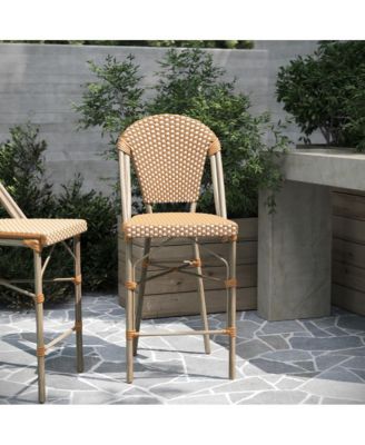 Celia Set Of Two Indoor/Outdoor Stacking Bistro Counter Stools With White And Gray Patterned Seats And Backs & Bamboo Finished Metal Frames