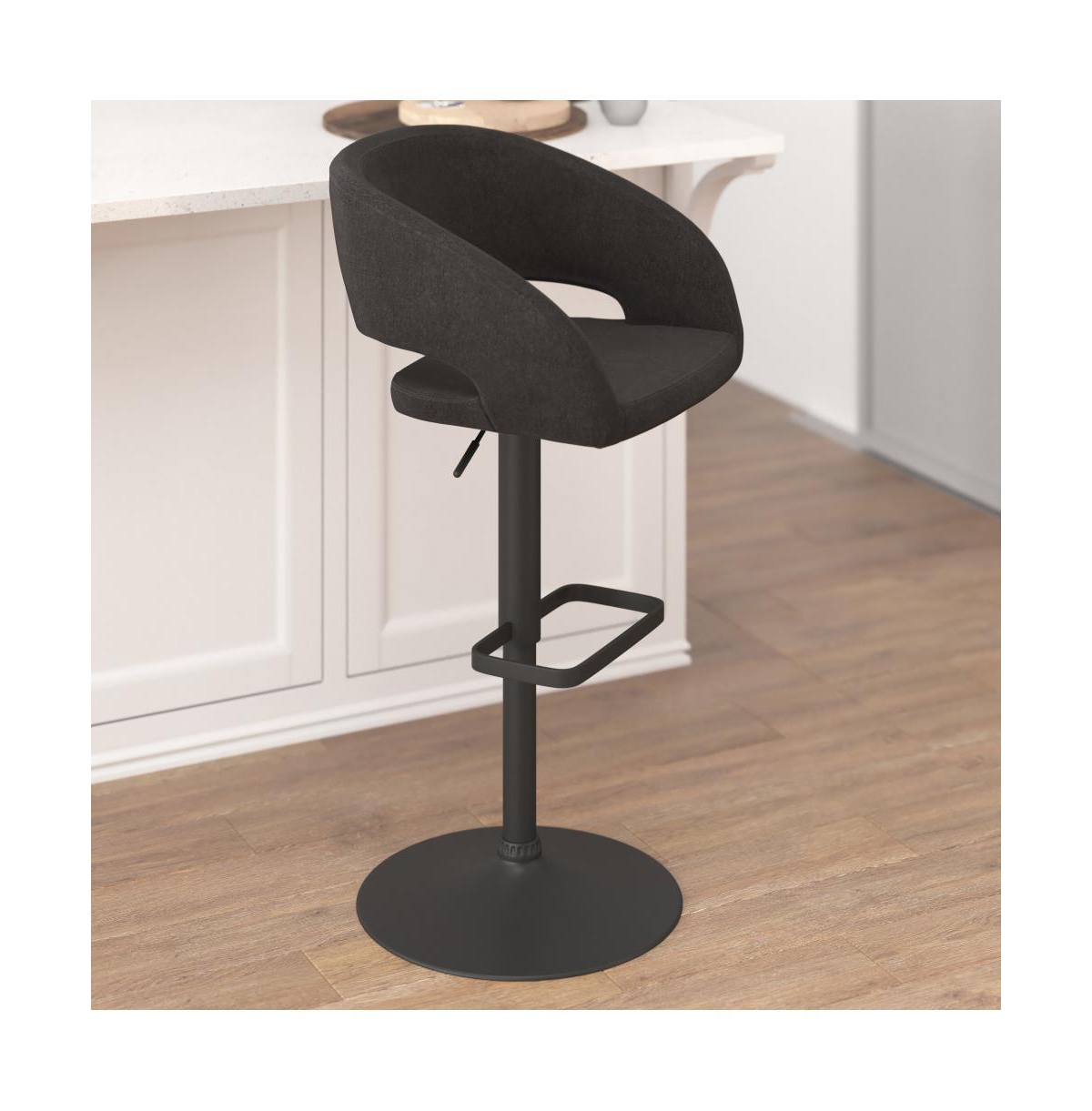 Shae Contemporary Upholstered Adjustable Height Barstool With Rounded, Cutout Mid-Back And Pedestal Base -black frame
