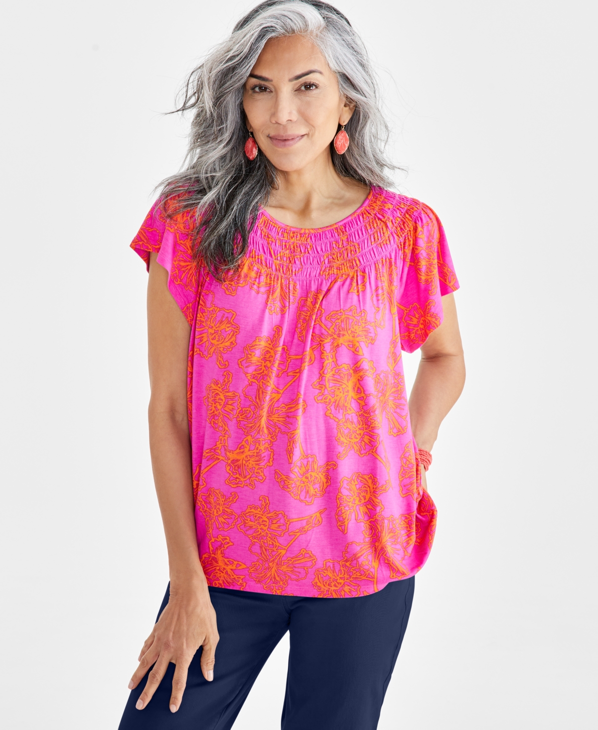 Women's Printed Smocked-Neck Knit Top, Created for Macy's - Iris Tulip