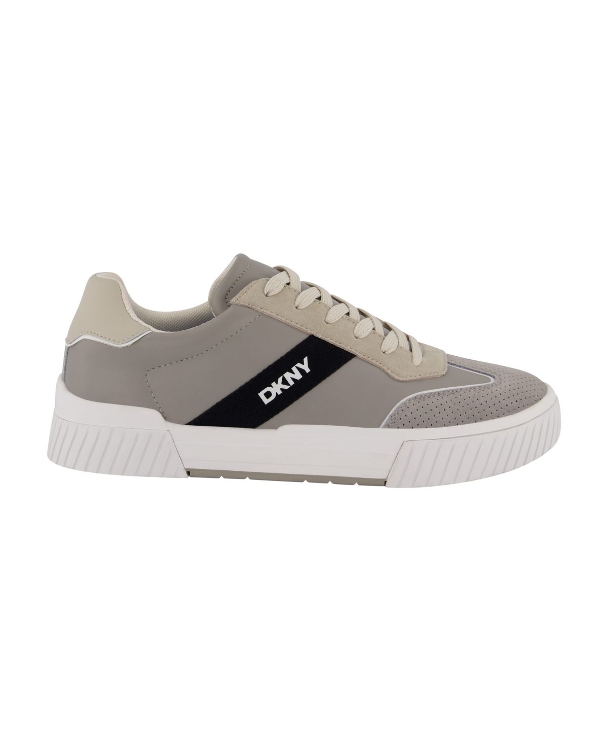 Shop Dkny Men's Side Logo Perforated Two Tone Branded Sole Racer Toe Sneakers In Grey