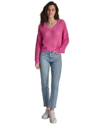 DKNY Jeans - Women's V-Neck Open-Stitch Cotton Sweater
