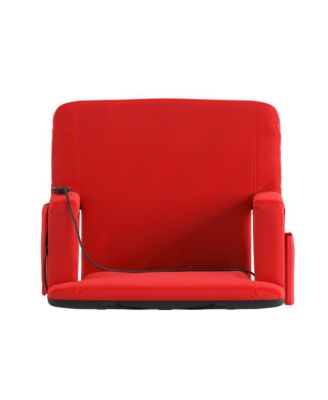 heated reclining with armrests, padded polyester, portable stadium chair with dual pockets and backpack straps.