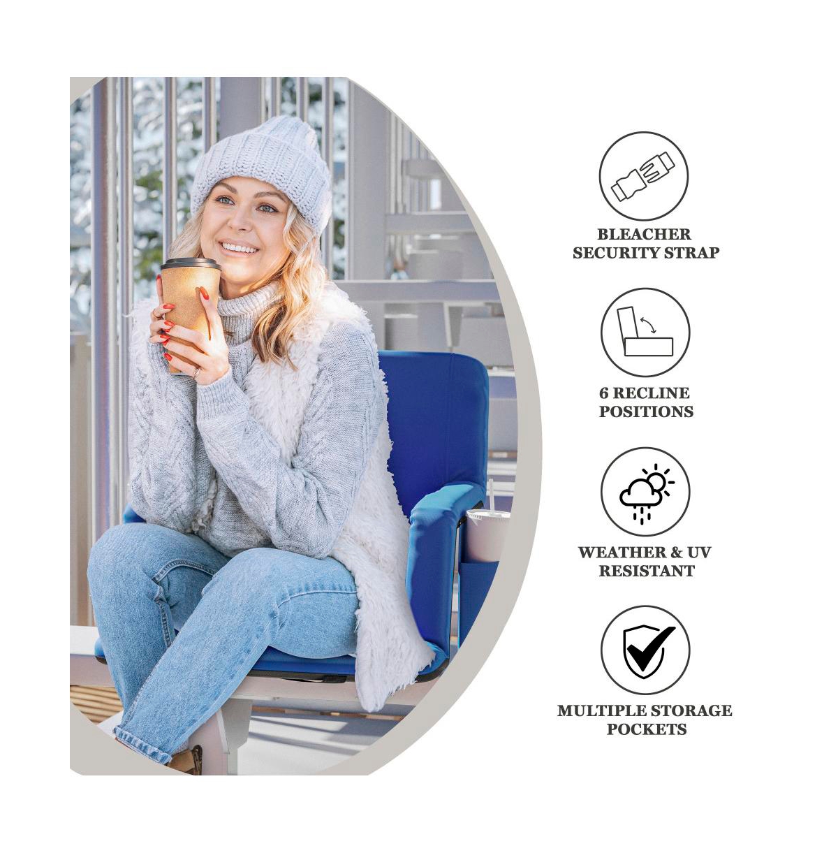 Mikki Portable Heated Reclining Stadium Chair With Armrests, Heated Padded Back & Heated Seat With Dual Storage Pockets And Backpack Straps