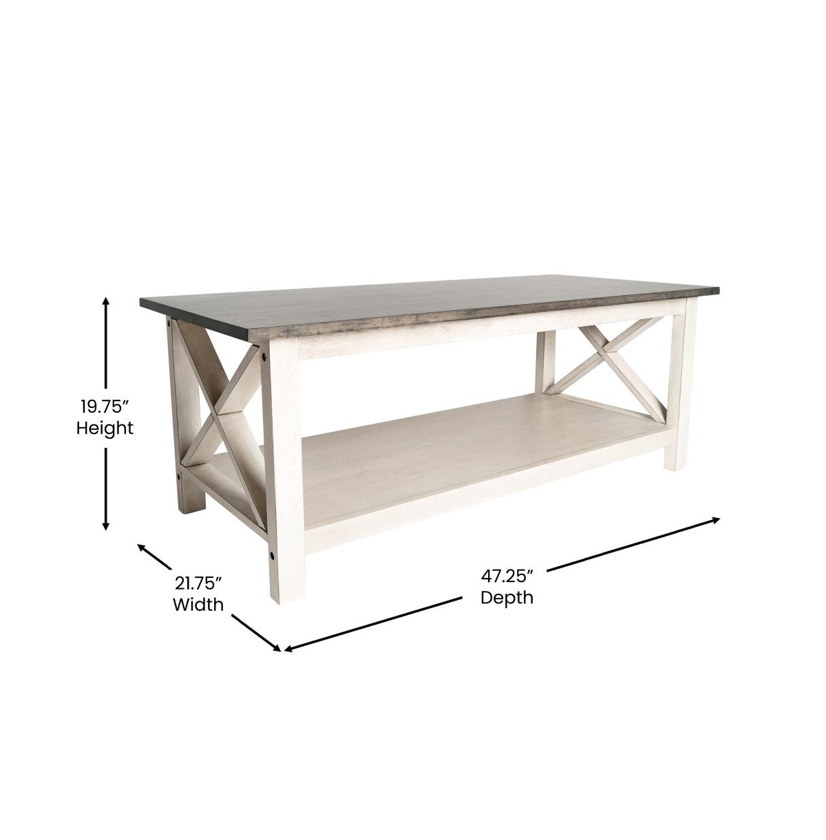 Matty Rustic Coffee Table With Lower Shelf, Farmhouse Style Solid Wood Accent Table -rustic white frame