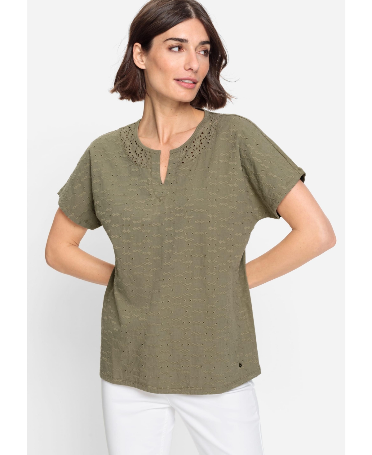 Women's 100% Cotton Short Sleeve Split Neck Eyelet T-Shirt - Dk khaki