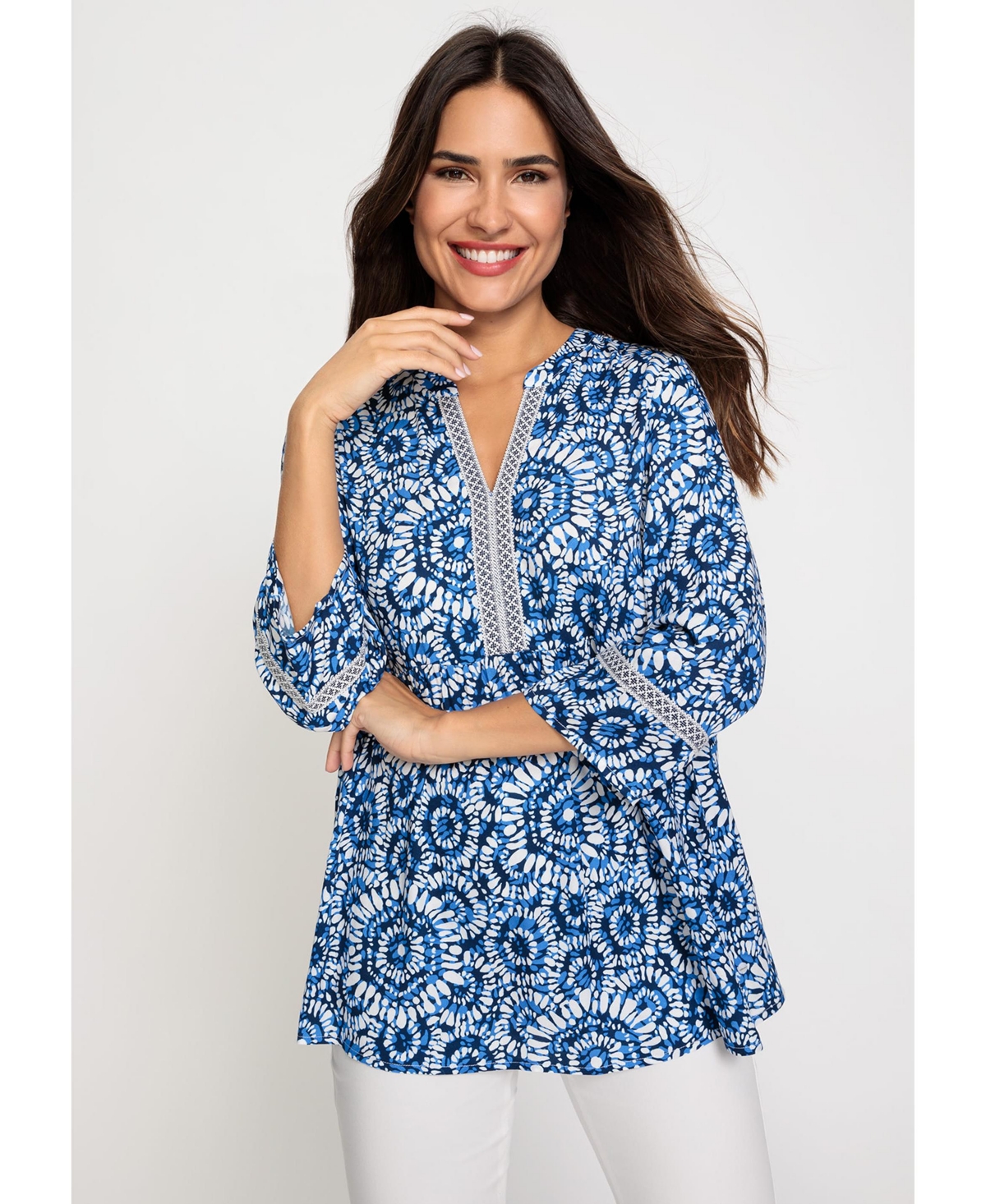 Women's 3/4 Sleeve Printed Tunic Blouse - Lapis blue