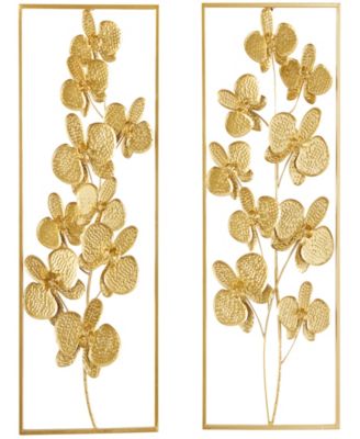 CosmoLiving - Gold Metal Orchid Floral Wall Decor with Gold Frame Set of 2 14"W, 36"H