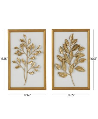 Gold Wood Leaf 3D Wall Decor with Beveled Frame, Set of 2 13"W, 17"H
