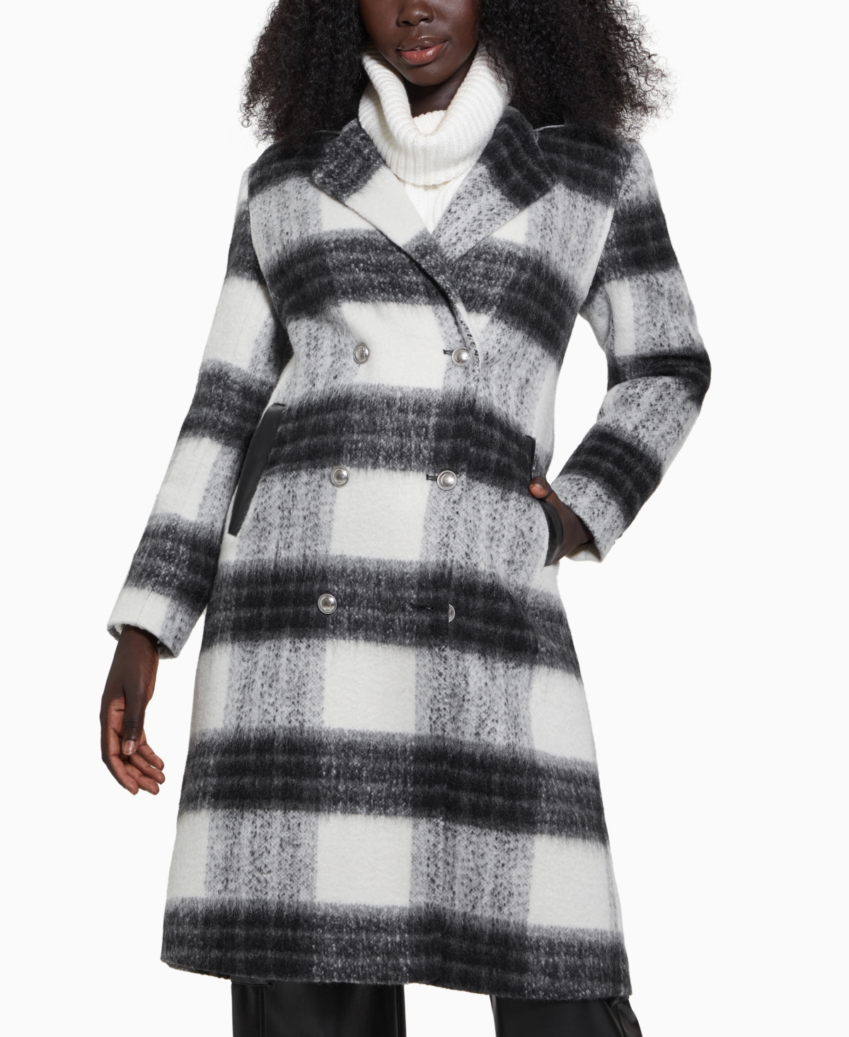 Guess Women s Double Breasted Mid Length Plaid Coat Black White Plaid Smart Closet