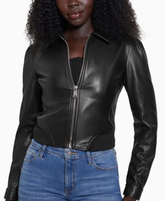 GUESS Women's Collared Faux-Leather Bomber Coat Macy's