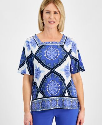 JM Collection - Petite Anne Marie Printed Square-Neck Top