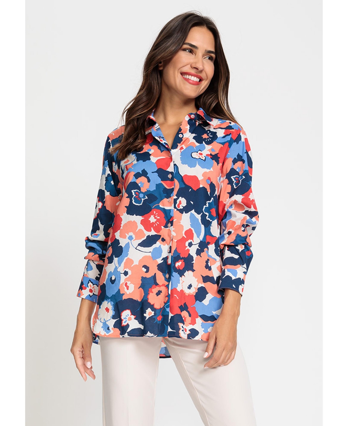 Women's Cotton Viscose Long Sleeve Floral Print Shirt - Apricot crush