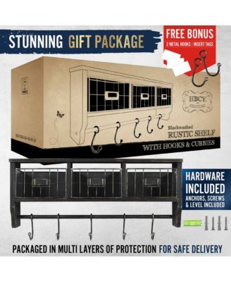 Rustic Coat Rack Wall Mounted Shelf With Hooks & Baskets, Entryway Organizer Wall Shelf With 5 Coat Hooks And Cubbies