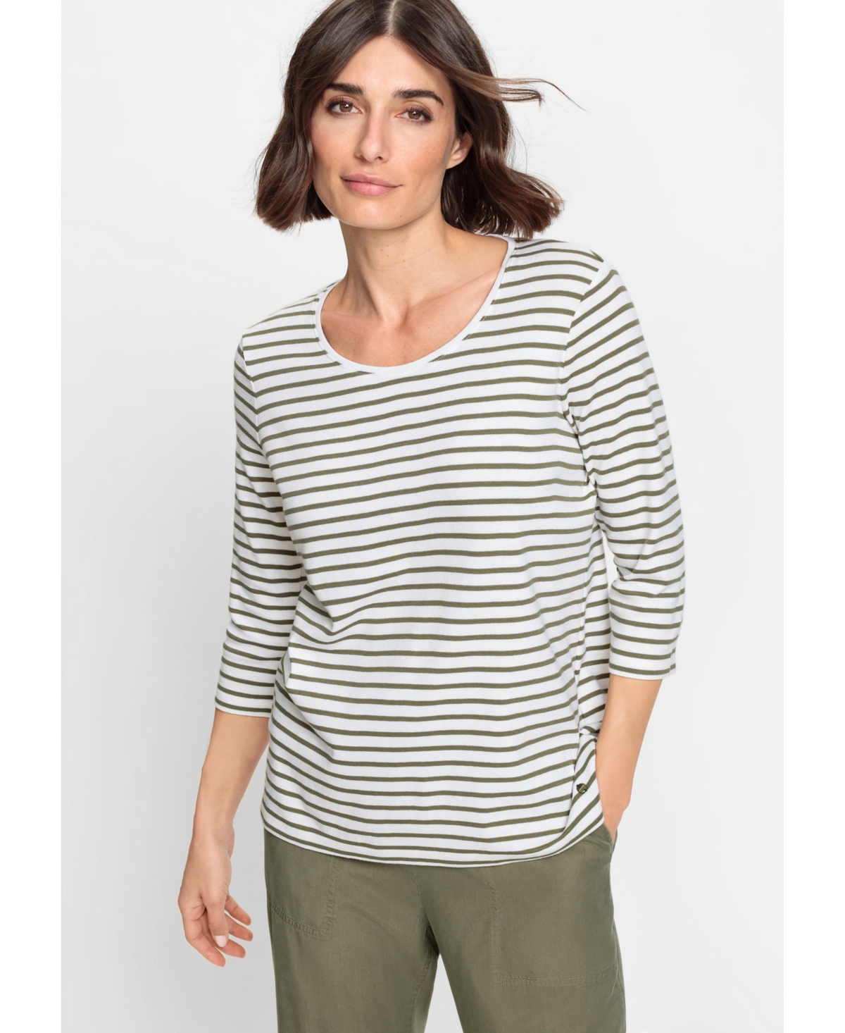 Women's 100% Cotton 3/4 Sleeve Striped T-Shirt - Dk khaki