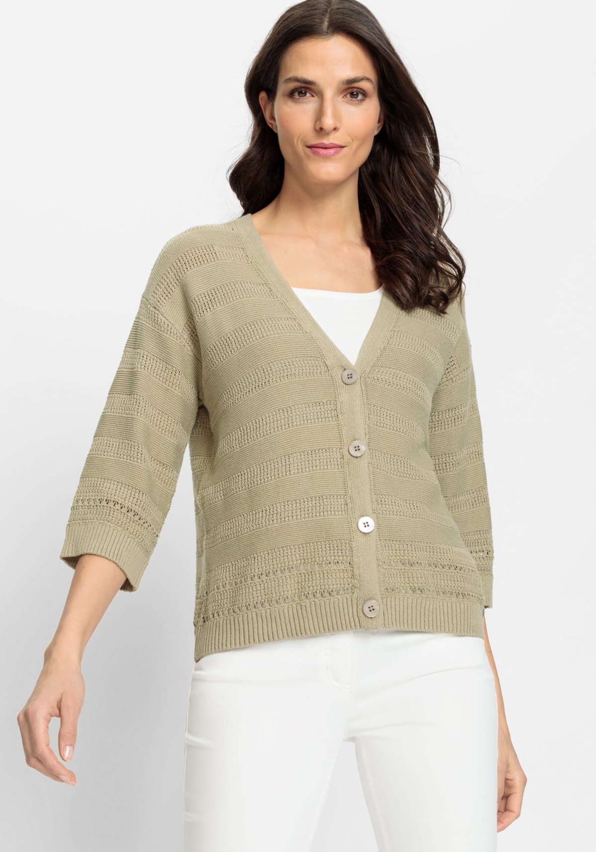 Women's Cotton Linen Blend 3/4 Sleeve Crochet Stripe Cardigan - Light khaki