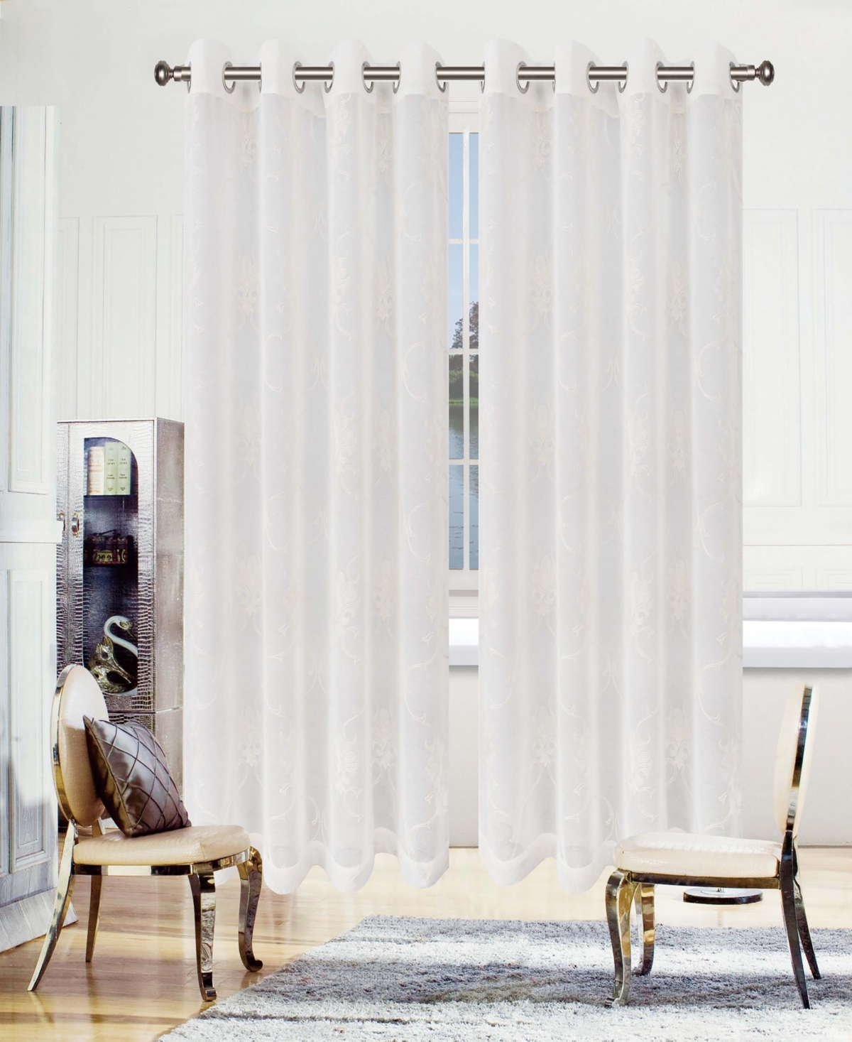 Superior Modern Embroidered Elegant Scroll Sheer 2-Piece Curtain Panels with Grommet Header Top, 52