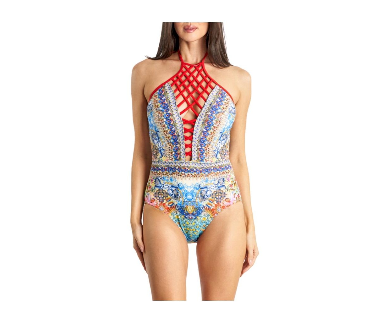 Women's Lace Up One Piece Swimsuit - Light pink / yellow