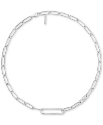 Stainless Steel Pav&eacute; & Logo Link Collar Necklace, 16" + 2" extender