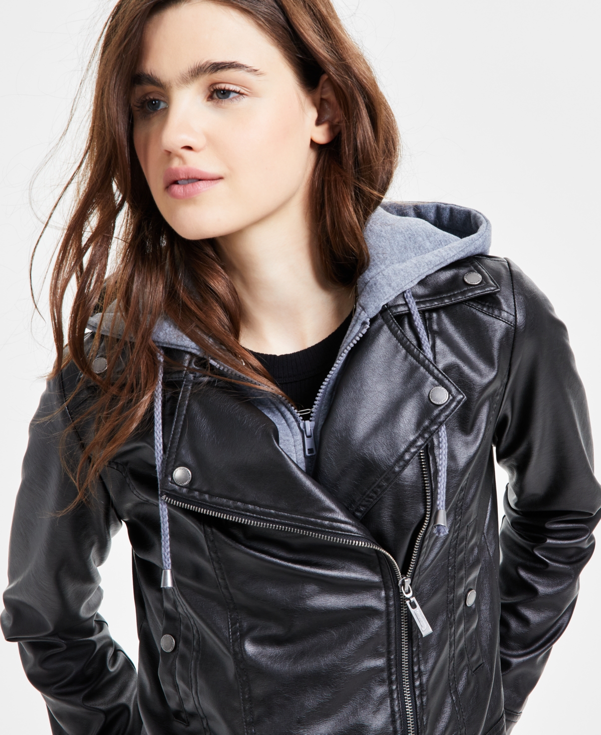 Jou Jou Juniors' Hooded Faux-Leather Moto Jacket, Created for Macy's