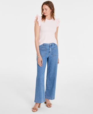 Shop On 34th Womens Ruffle Sleeve Top Patch Pocket Wide Leg Jeans Stackable Bracelets Created For Macys In Two Tone