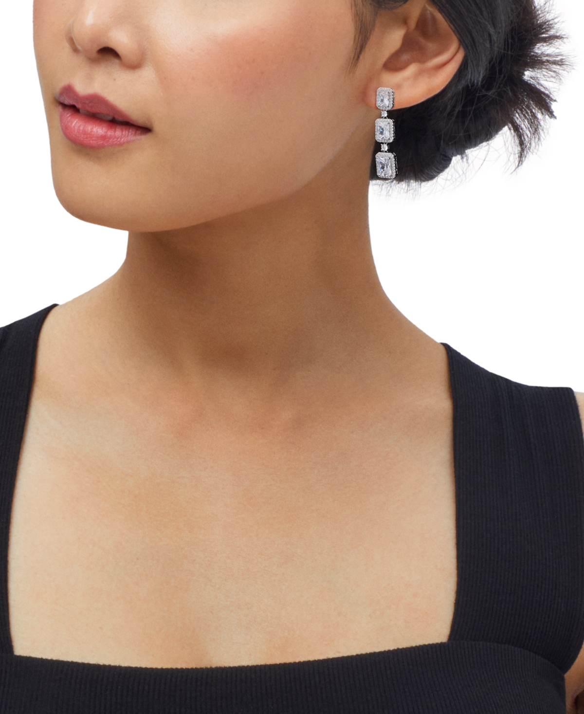 Arabella Cubic Zirconia Graduated Square Halo Linear Drop Earrings - Sterling Silver