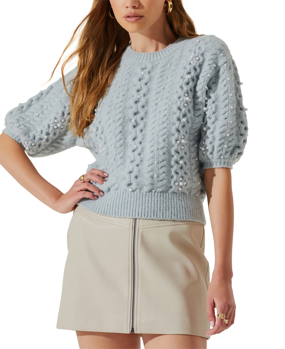 Shop Astr Women's Koami Embelished Cable-knit Sweater In Haze Blue