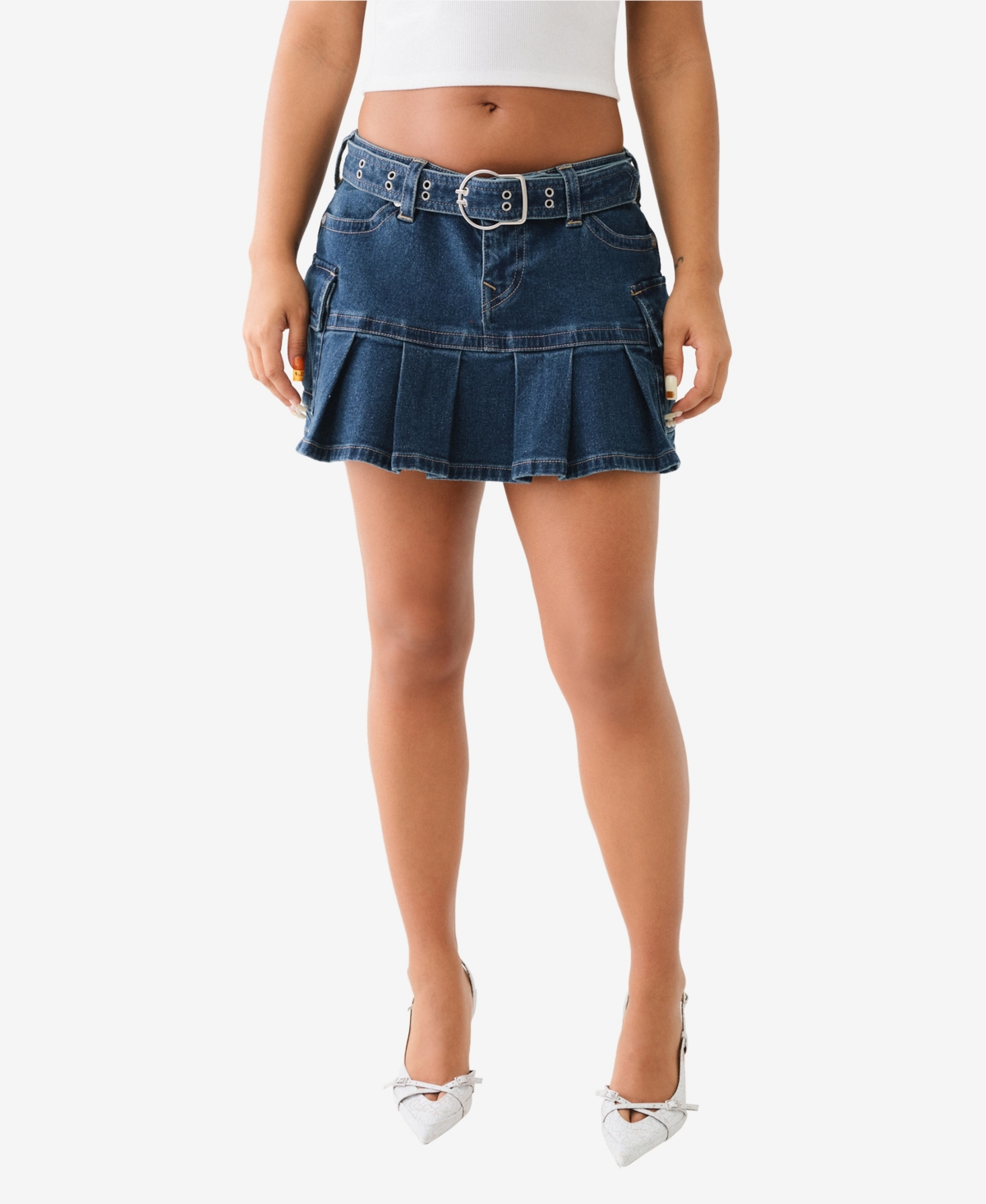 Women's Belted Drop Waist Cargo Skirt - BLUE