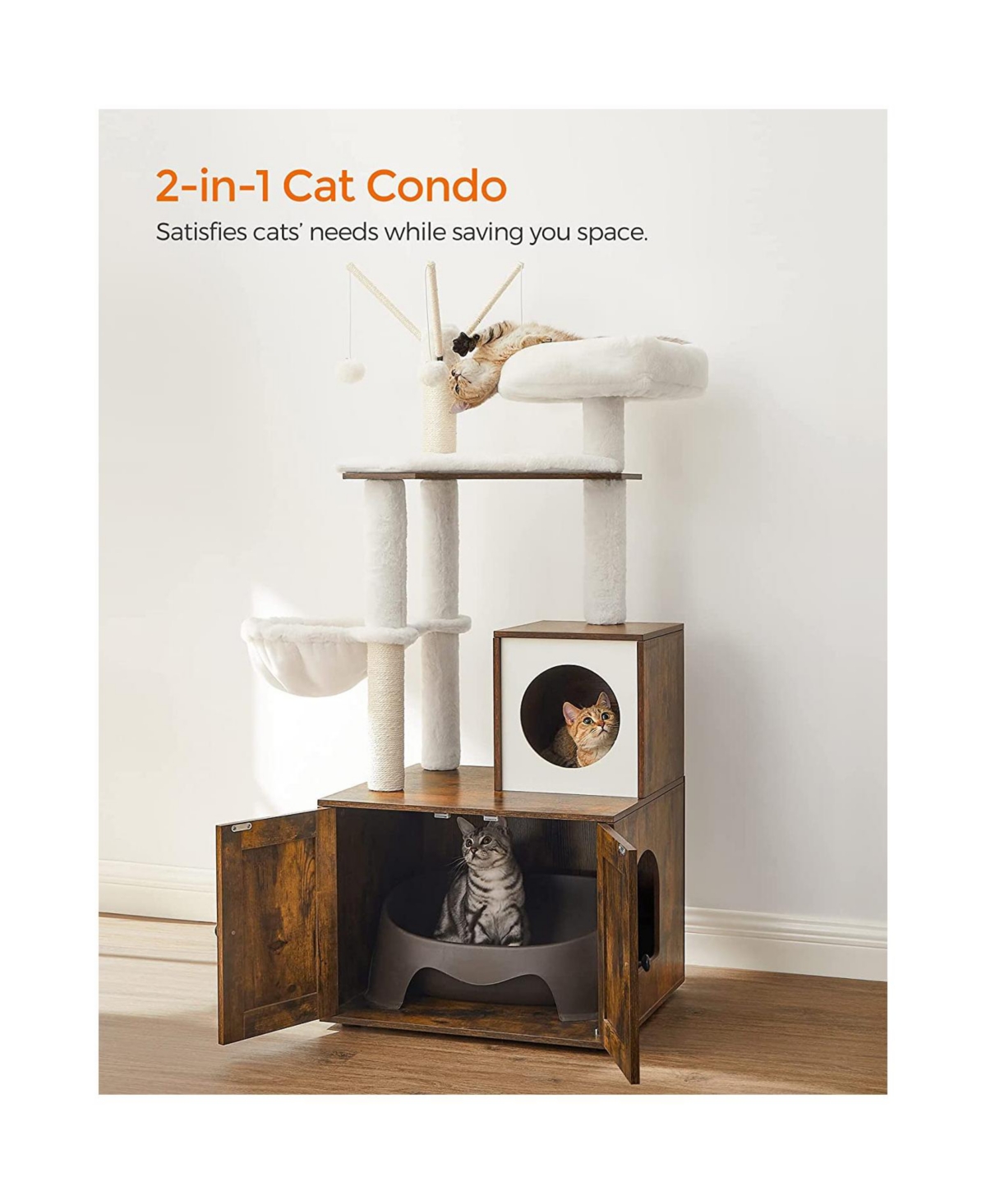 Slickblue Cat Tree with Litter Box Enclosure, Litter Box Furniture Hidden, Removable Pompom Sticks