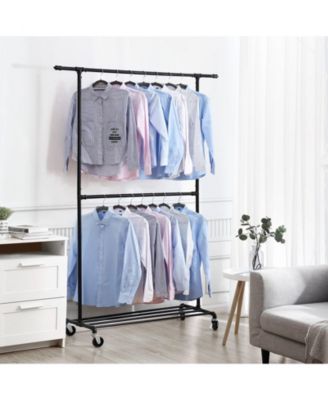 Double Hanging Rod Metal Clothing Rack, Industrial Style Clothes Garment Rack On Wheels
