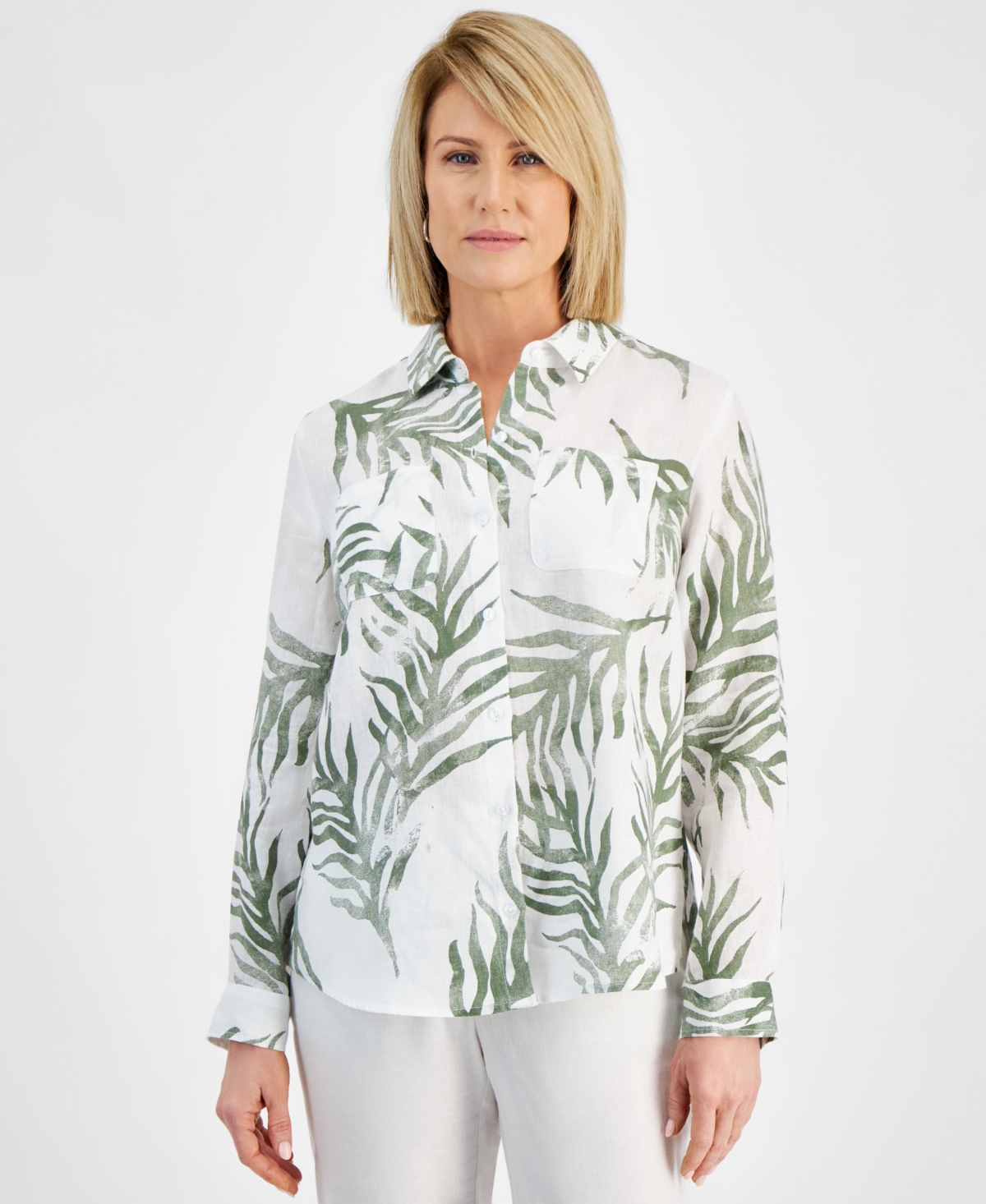 Charter Club Petite 100% Linen Printed Button-front Shirt, Created For Macy's In Bright White