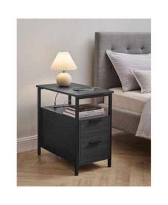 Narrow Nightstand Side Table With USB Ports, Charging Station And Drawers